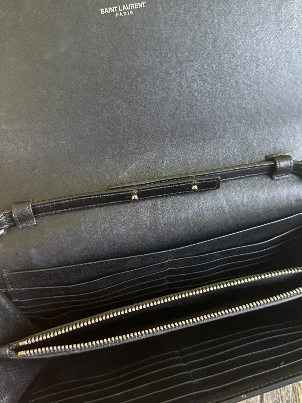 Saint Laurent YSL Monogram Croc Embossed Wallet on Chain WOC Black Leather